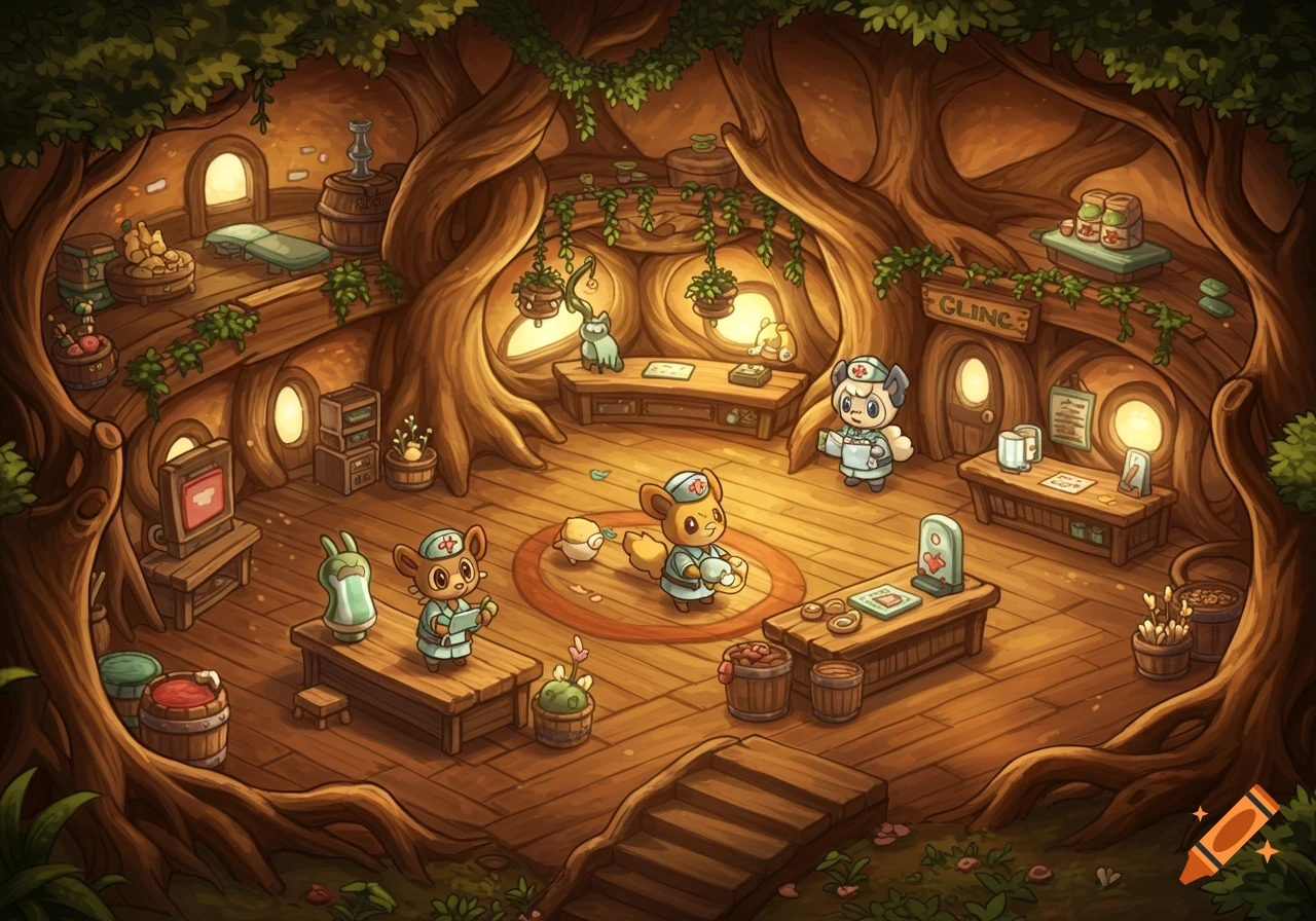 Cartoon animal characters in a cozy, wooden, tree-themed clinic, in the style of Pokemon Mystery Dungeon.