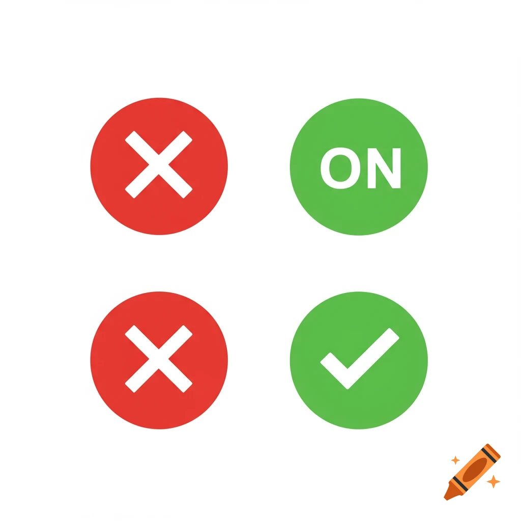 Four flat design toggle switch icons: two red circles with white 'X' symbols, one green circle with white 'ON' text, and one green circle with a white checkmark.