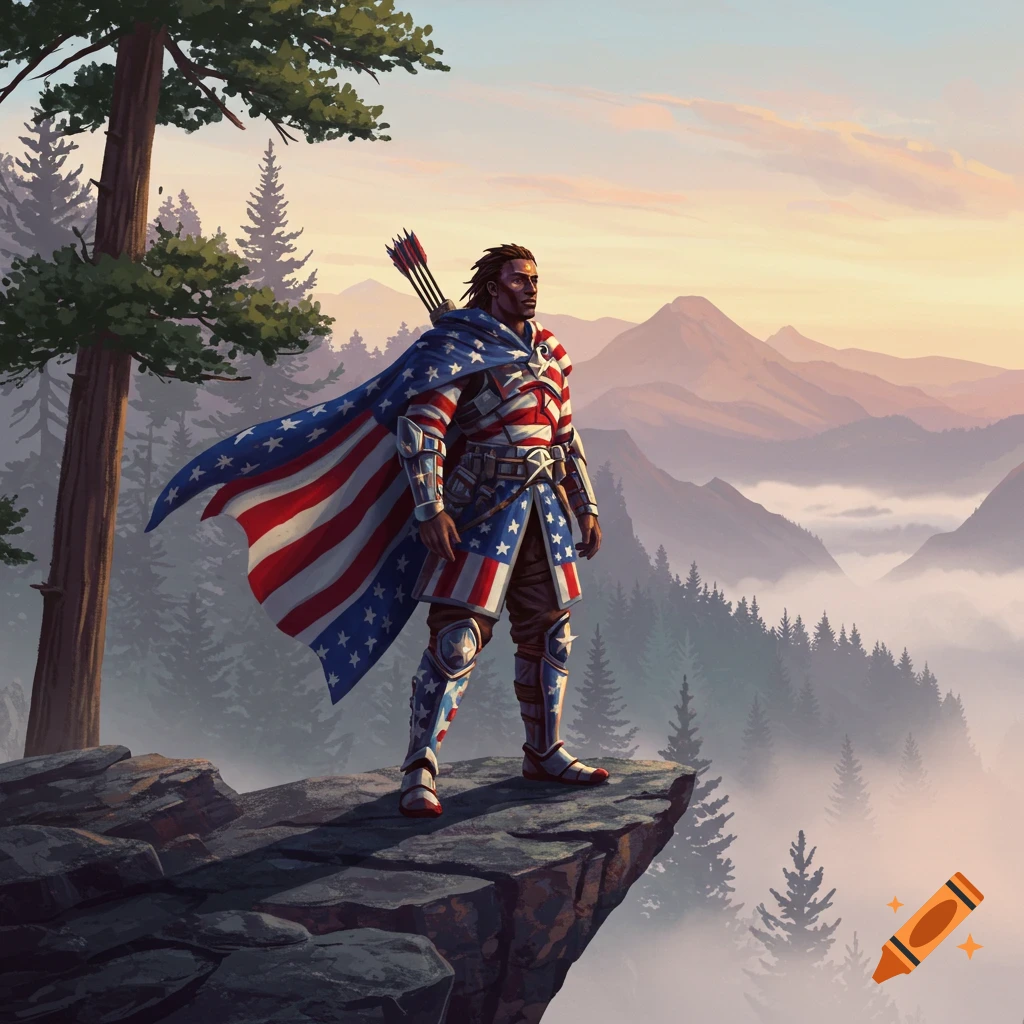 An illustrated heroic warrior in red, white, and blue armor and cape stands on a rocky cliff overlooking a misty mountain landscape.