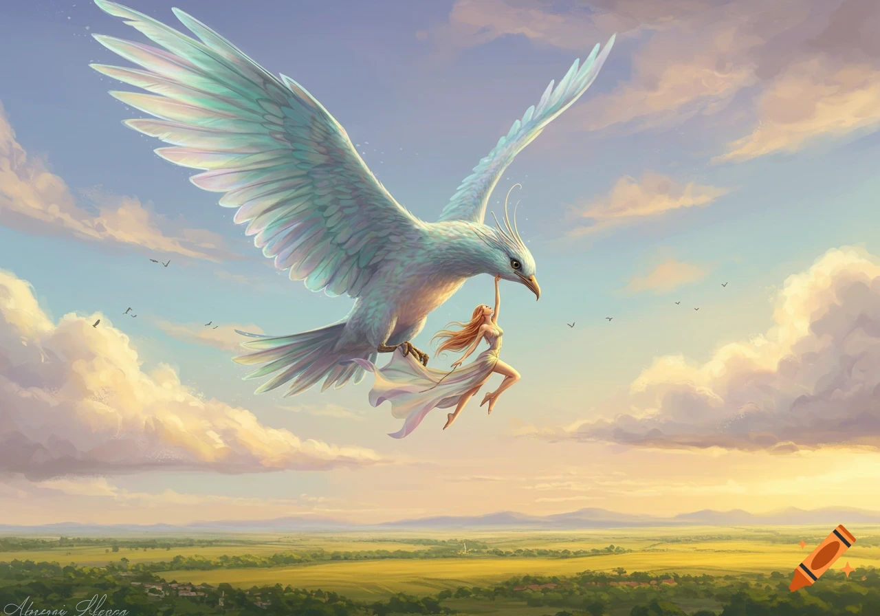 A majestic white bird soars through a sunset sky, carrying a woman in a flowing dress over a vast green landscape.