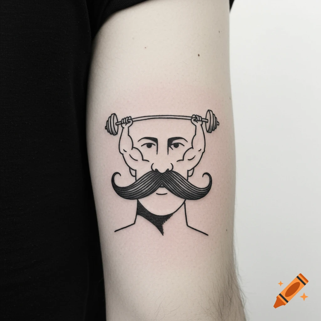 A minimalist black and white tattoo of a man's head with his mustache forming arms lifting a barbell.