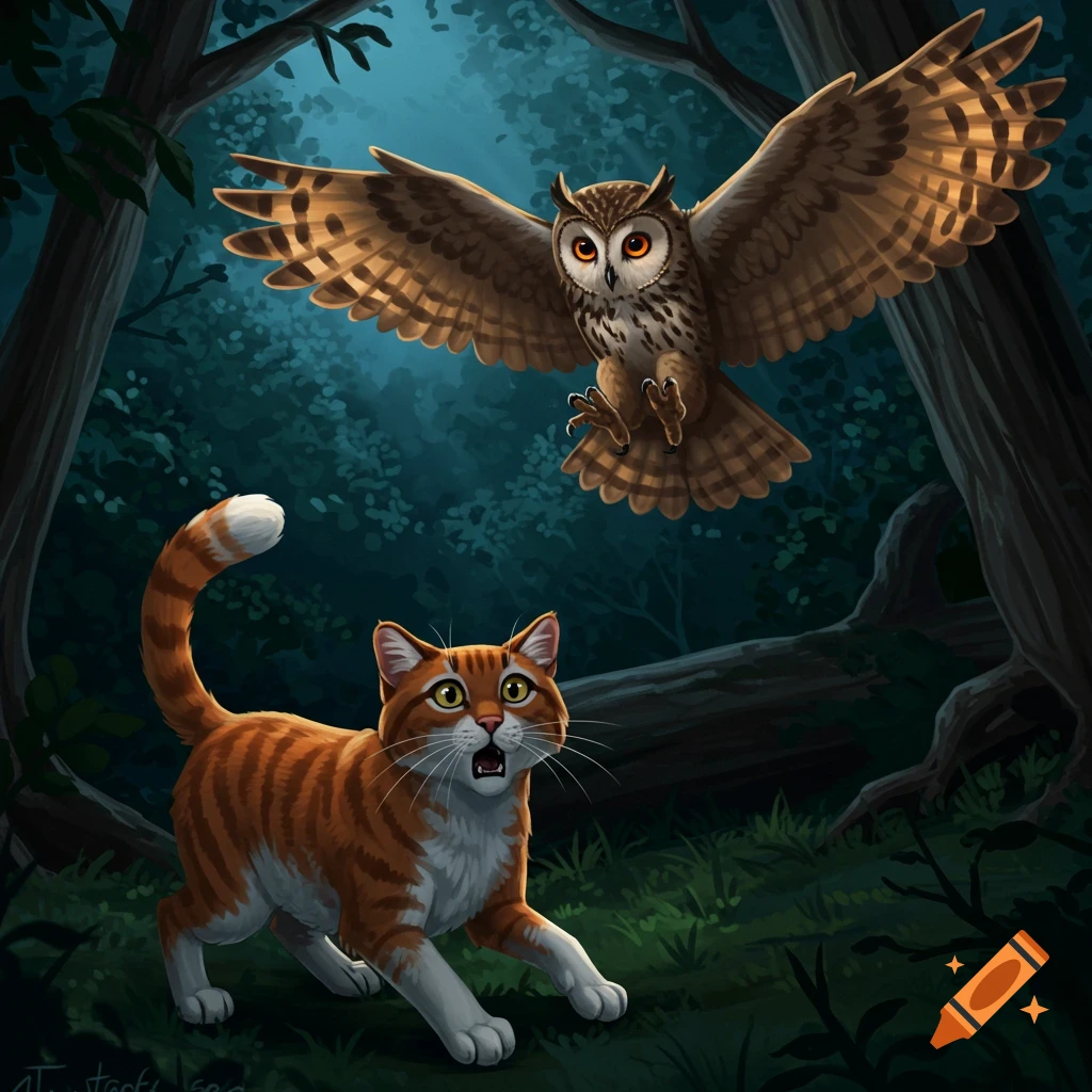 An alarmed orange and white cat is running away from a large owl flying down in a dark, stylized forest.