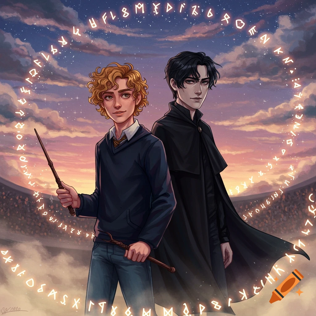 Two young male characters, one with curly blonde hair and a wand, the other with dark hair and a cloak, stand against a sunset sky with glowing runes encircling them.