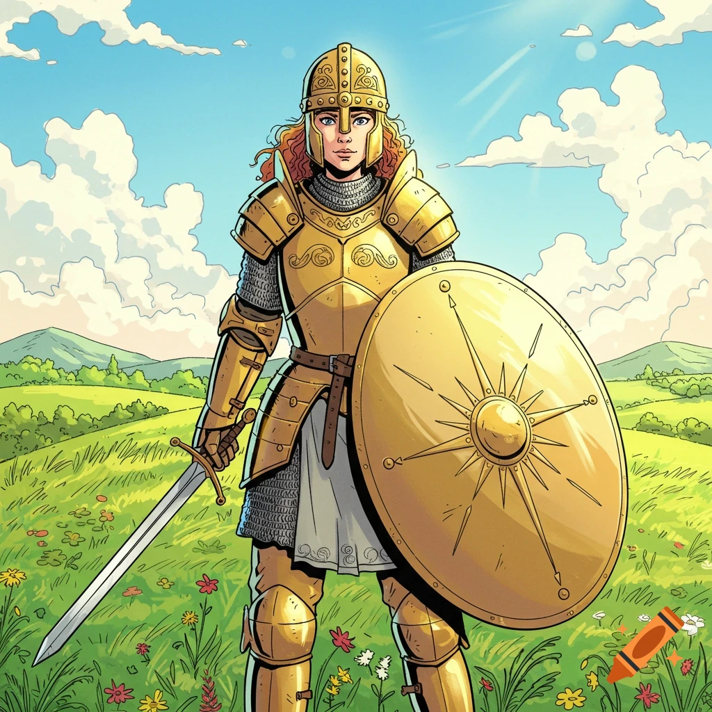 Comic style illustration of a knight woman in gold armor, holding a sword and shield in a sunny, green field.
