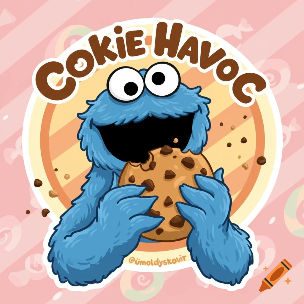 A stylized cartoon logo features Cookie Monster happily eating a chocolate chip cookie, with the text "CokIE HAVOC" above him. The background is pink with candy patterns.