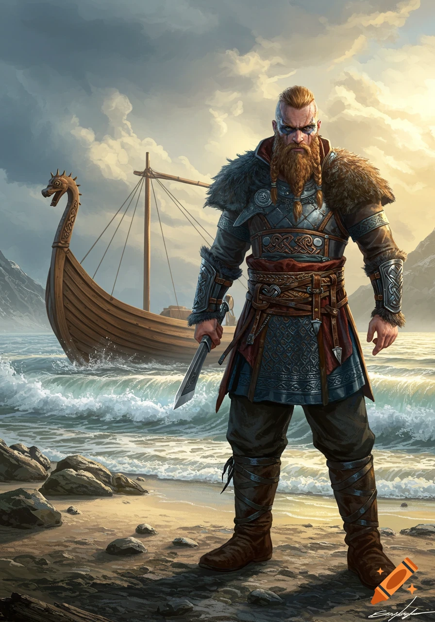 Formidable Viking warrior with a braided beard stands on a rocky beach, holding a knife, with a longboat in choppy sea at sunset.