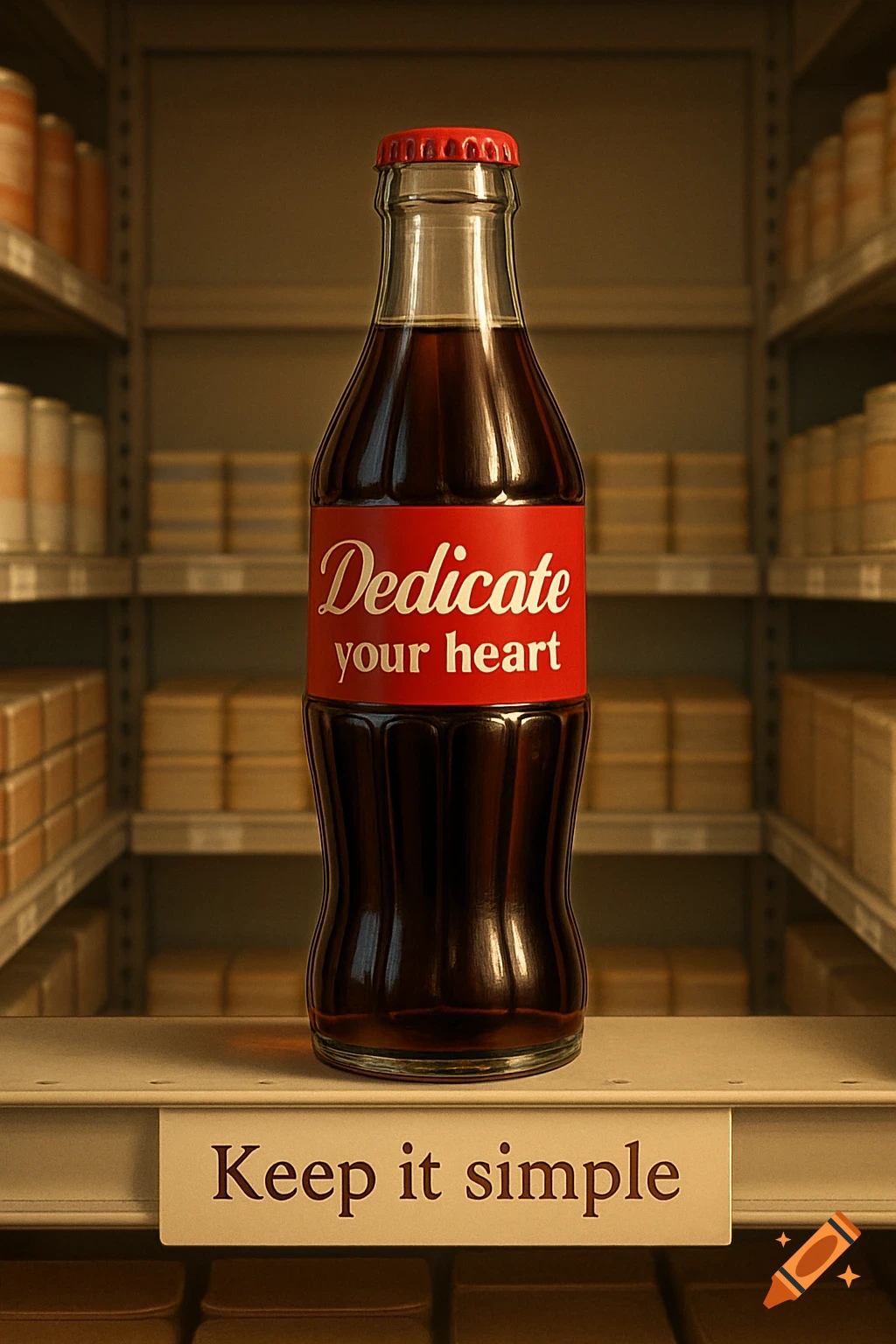 A soda bottle with "Dedicate your heart" on the label stands on a shelf above a "Keep it simple" sign in a realistic pantry setting.
