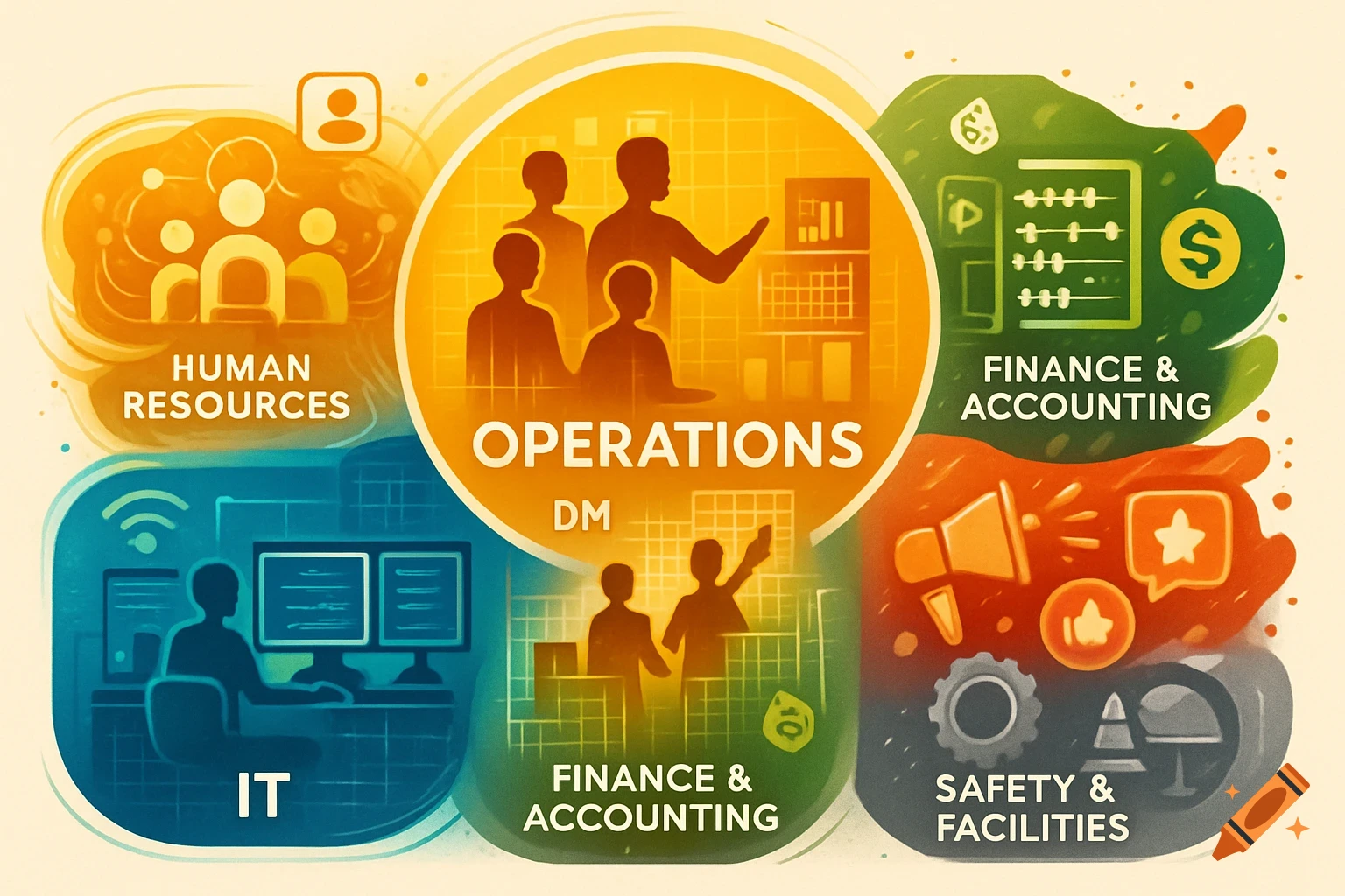 An infographic showing company departments like Operations, Human Resources, IT, Finance & Accounting, and Safety & Facilities with abstract silhouettes.