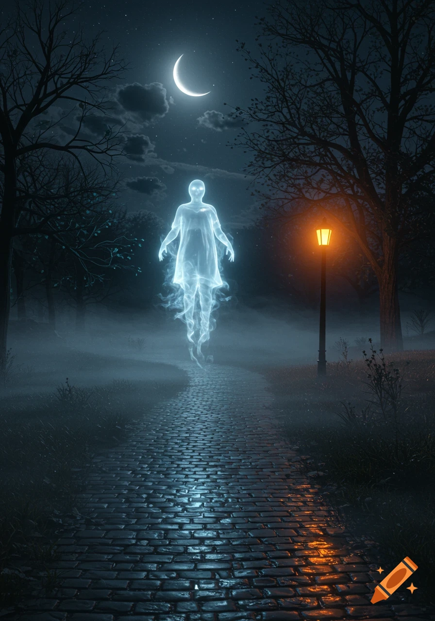 An ethereal blue ghost floats above a cobblestone path in a foggy, moonlit night scene with bare trees and a glowing lamppost.