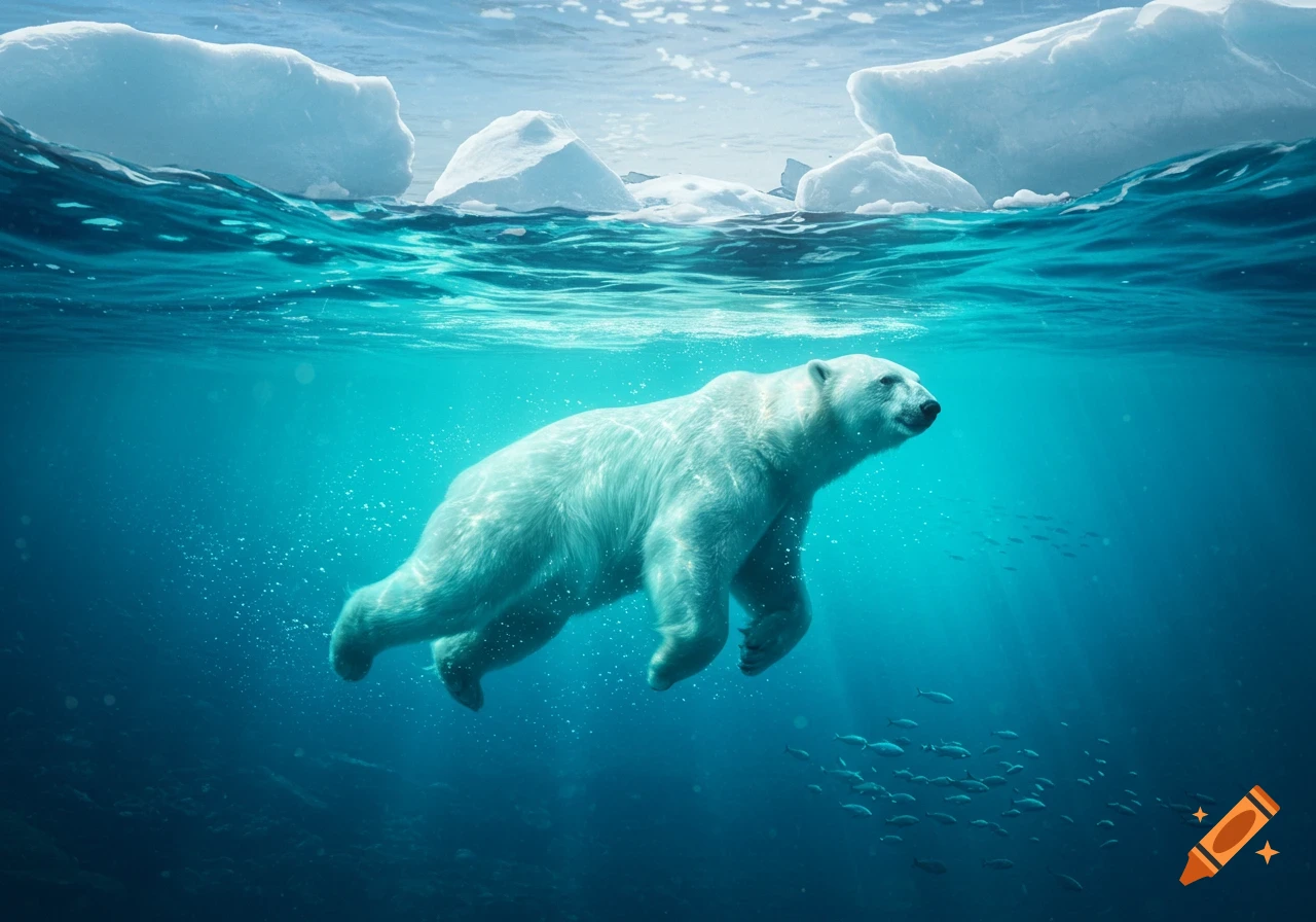 A photorealistic polar bear swims gracefully underwater in clear blue water, with icebergs and a school of fish visible.