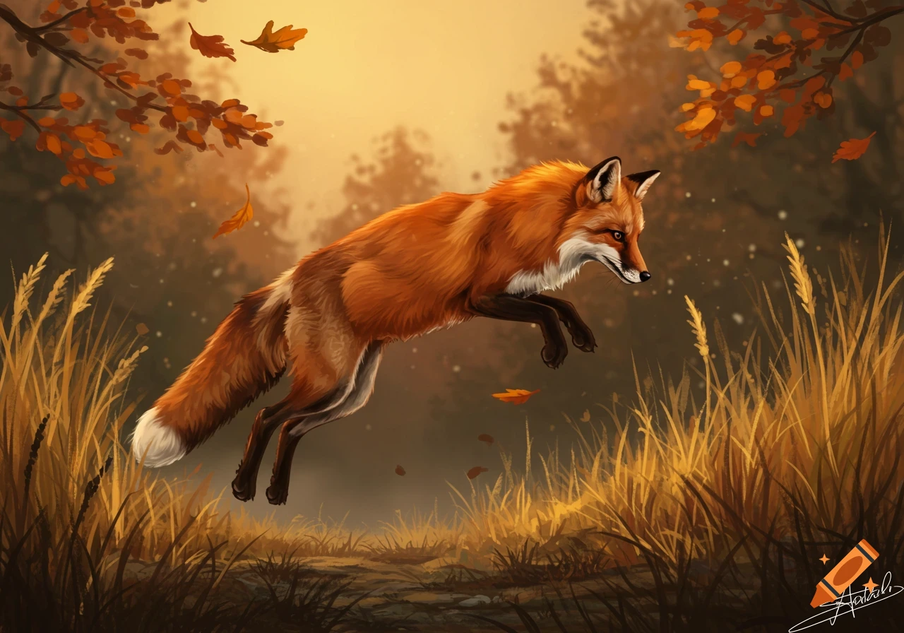 A red fox leaps through golden grass in an autumn forest with falling orange leaves, in an illustrative style.