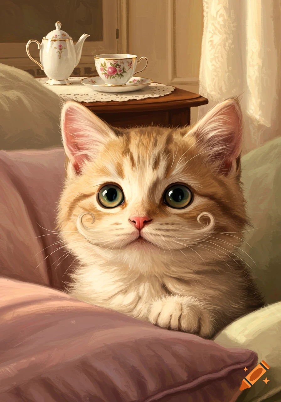 A cute ginger kitten with big green eyes and a curly mustache sits on pink pillows. A tea set is in the background. Illustration.