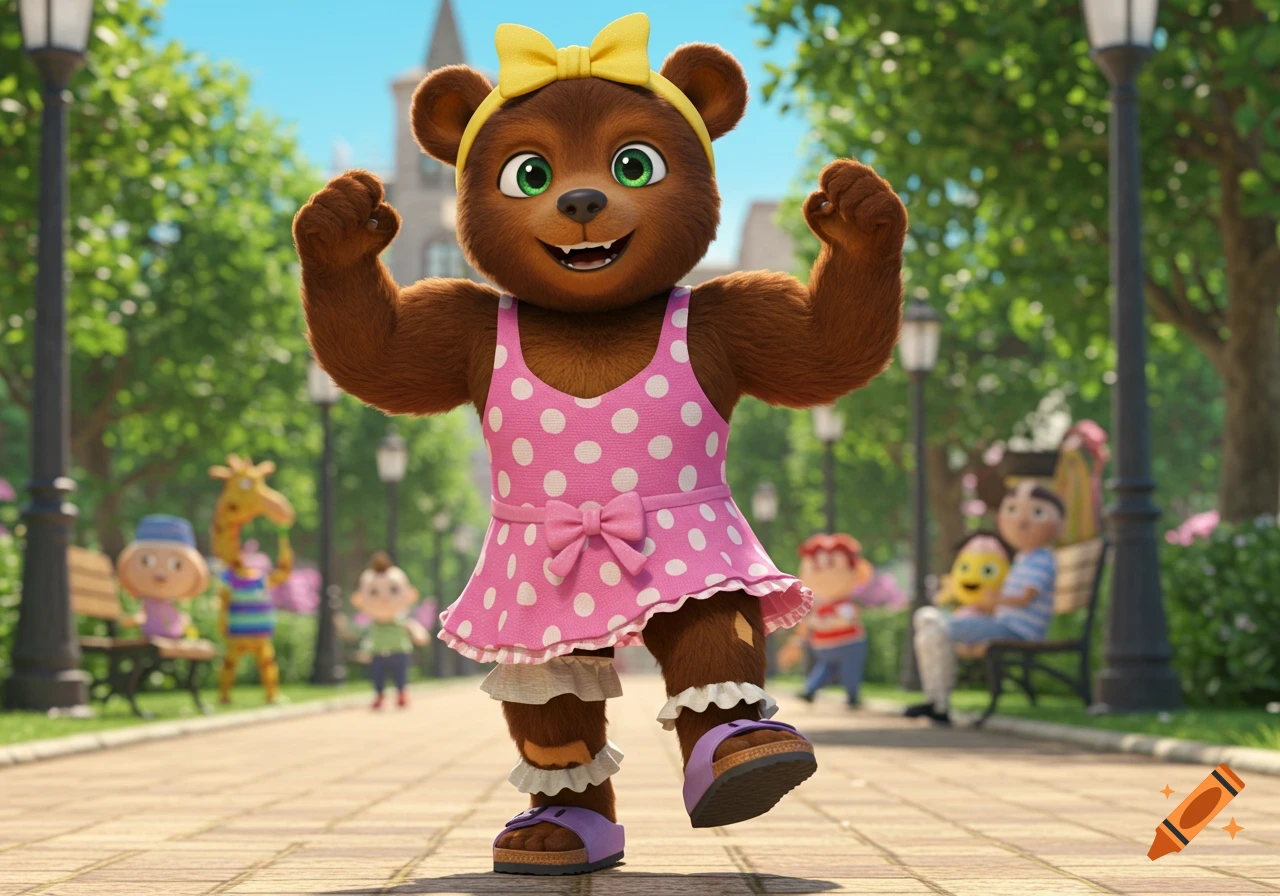 A cute brown bear in a pink polka dot dress, yellow bow, and purple sandals skips joyfully in a sunny park with other cartoon characters.
