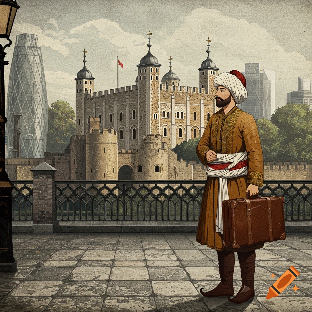 A man in traditional Persian attire holds a suitcase on a tiled patio, with the Tower of London and modern skyscrapers in the background, in a flat, 2D Persian miniature style.