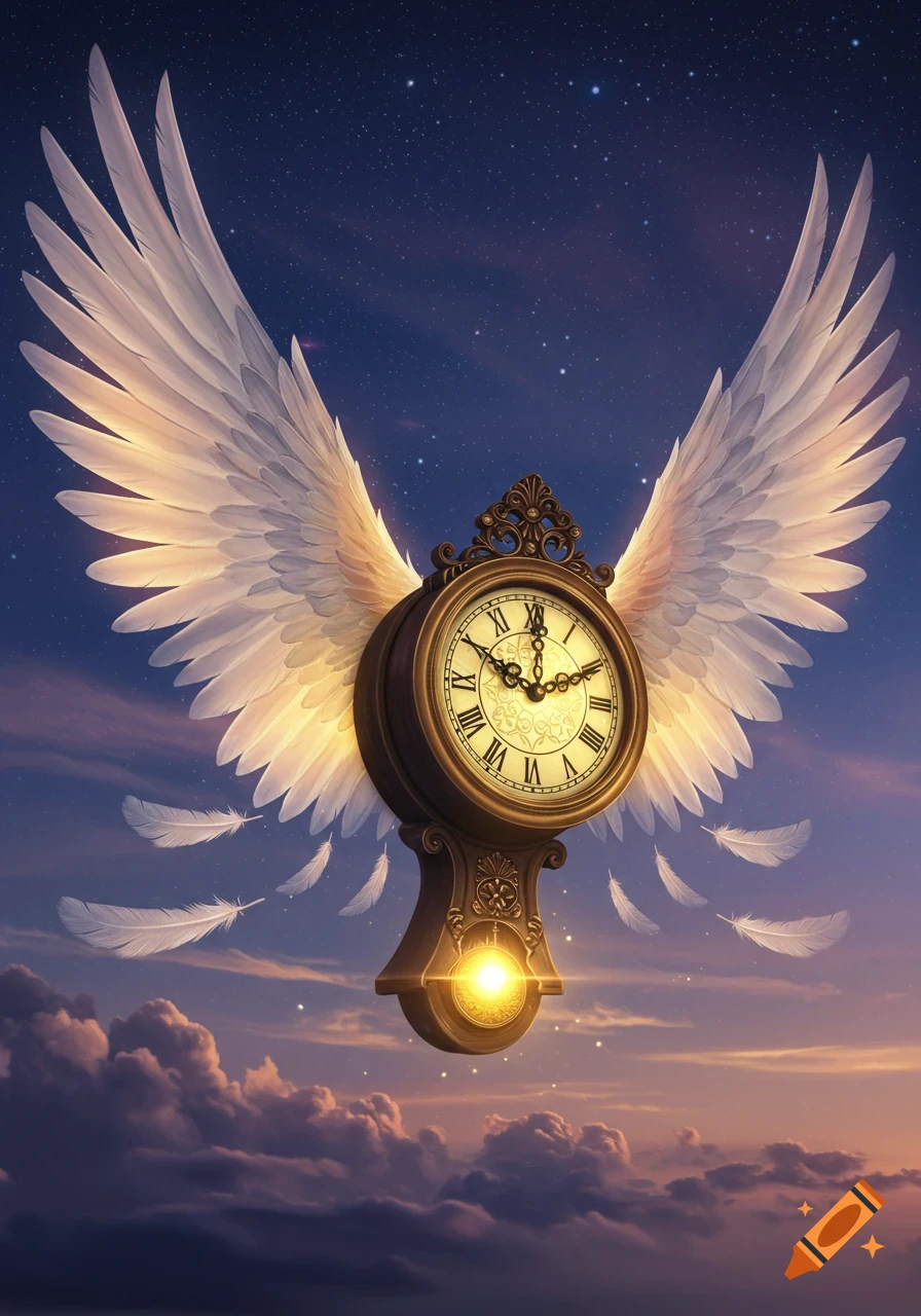 An ornate vintage clock with large white wings floats in a starry sunset sky above clouds, shedding feathers.