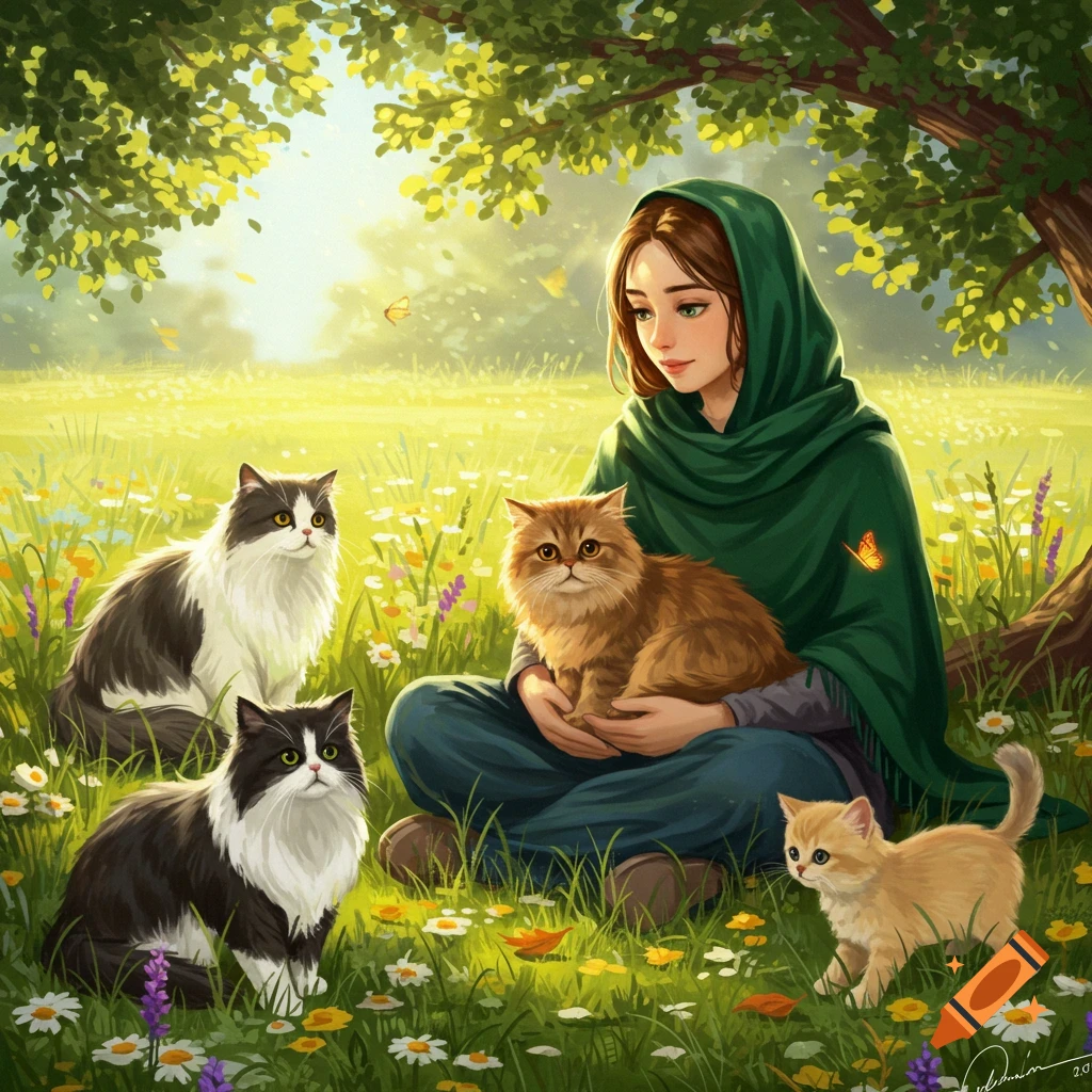 A veiled woman sits in a sunny meadow, cradling a brown cat. Three more cats, two black and white and one small golden kitten, are around her in the lush grass and wildflowers under a tree.