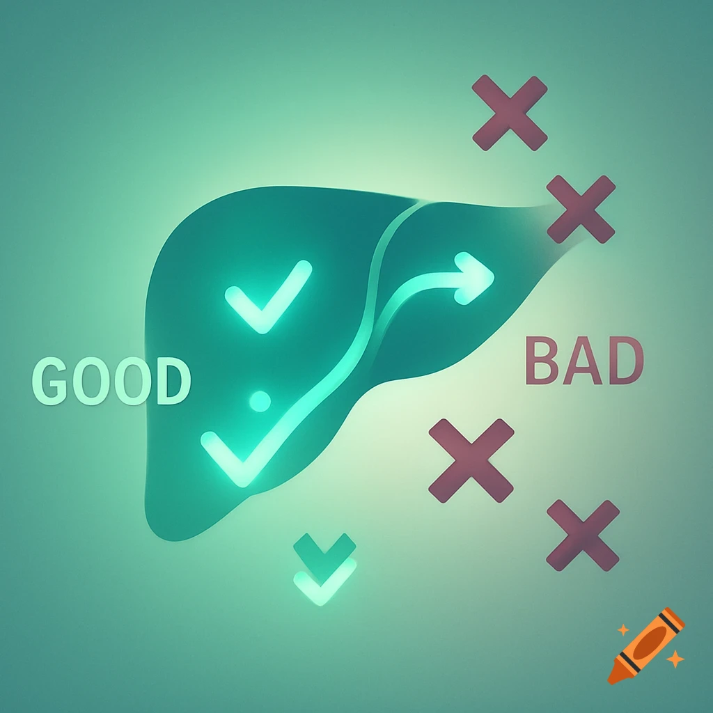 Stylized illustration of a liver with 'GOOD' checkmarks and 'BAD' X's, representing estrogen processing.