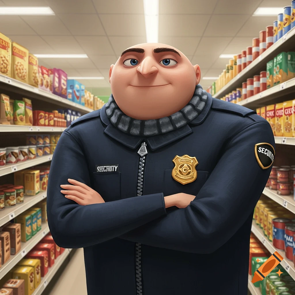 Cartoon character Felonius Gru in a security uniform, arms crossed, in a brightly lit supermarket aisle.