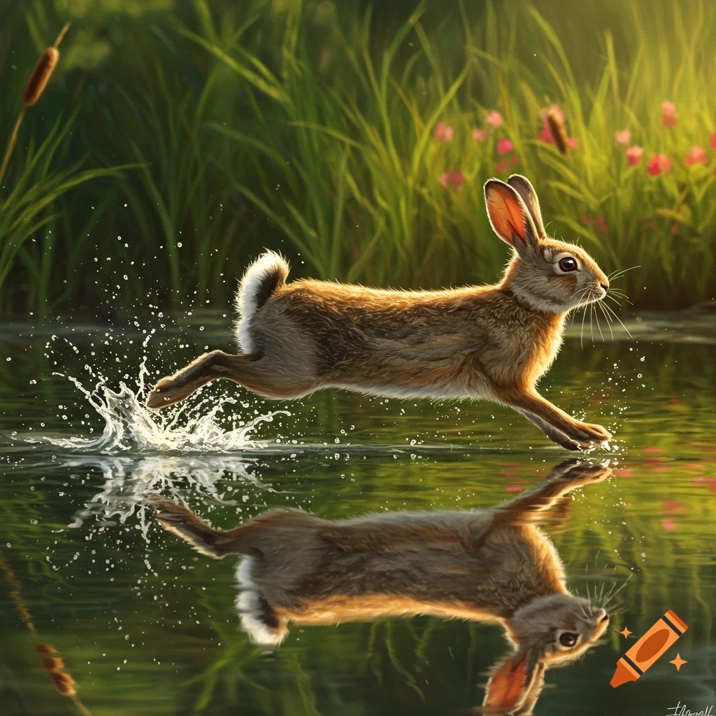 Photorealistic rabbit leaps through shallow water, splashing, with its reflection and green foliage background.