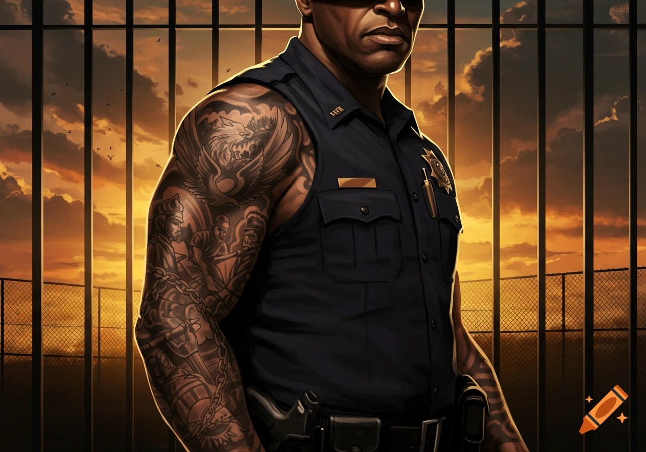 Muscular, dark-skinned police officer with full sleeve tattoos, wearing a sleeveless uniform, stands against a dramatic sunset sky with a fence, digital art.