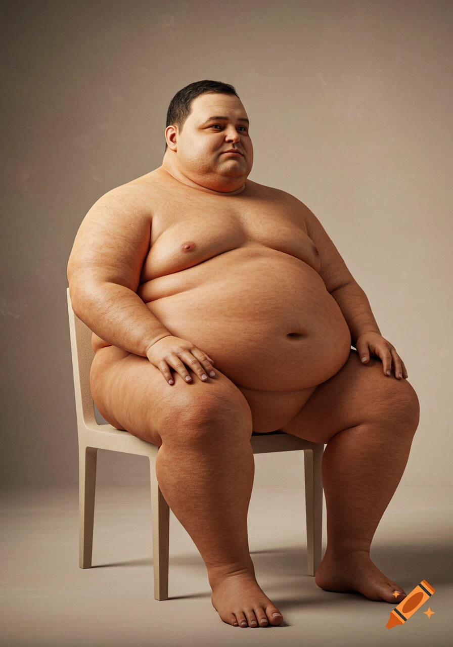 A hyperrealistic photograph of a morbidly obese, shirtless man sitting on a chair in a studio with soft lighting.