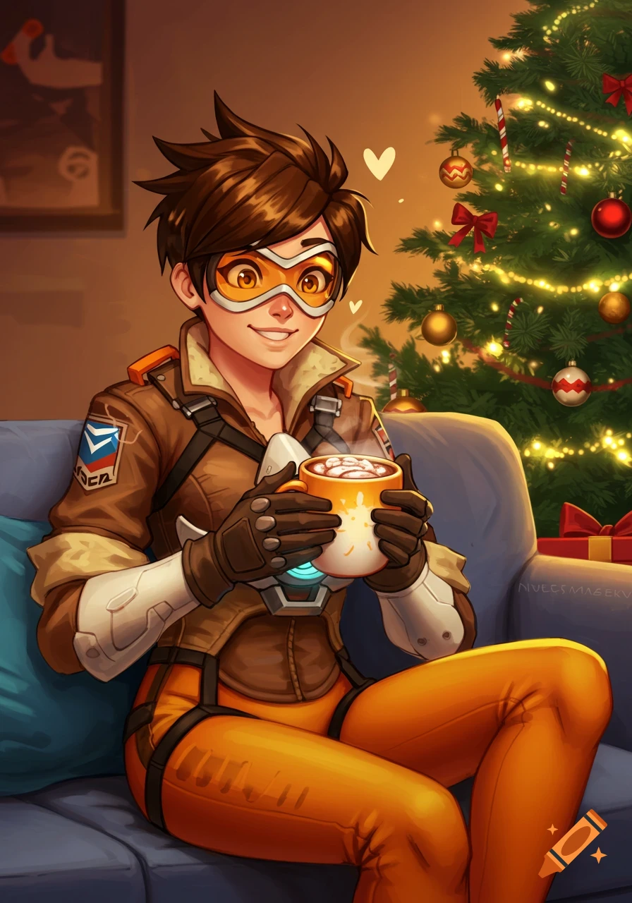 Anime-style Tracer from Overwatch sits on a couch, smiling and holding a mug of hot chocolate, with a decorated Christmas tree beside her.