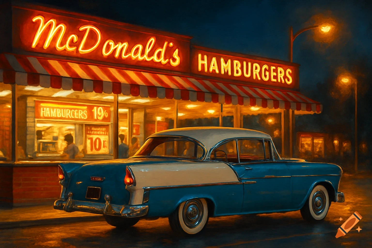 A two-tone vintage car parked in front of an old McDonald's restaurant at night, with glowing neon signs.