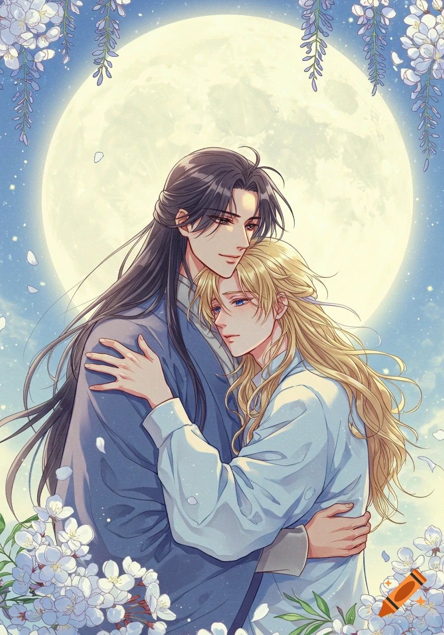 Anime illustration of two men embracing under a large full moon, surrounded by delicate white flowers.