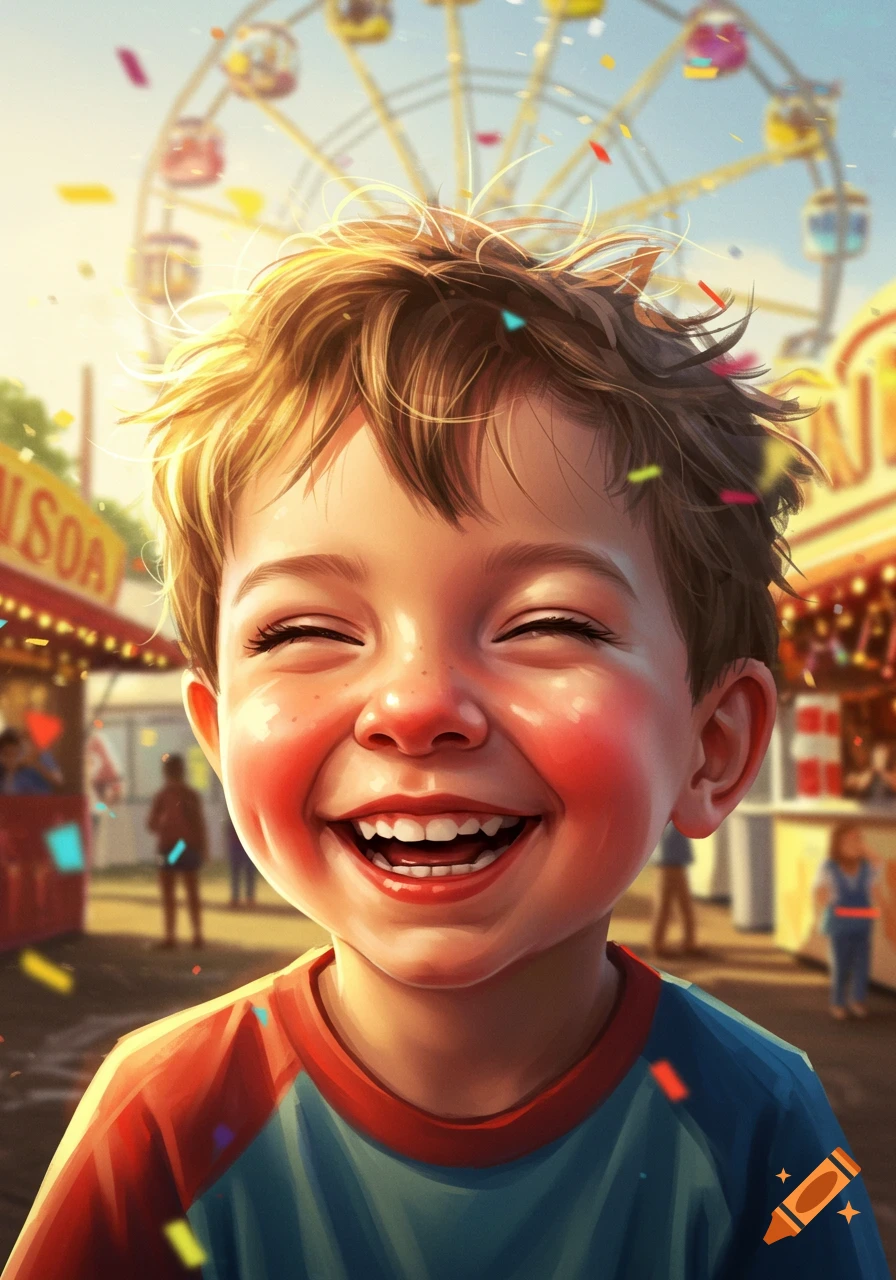 A cheerful boy with rosy cheeks laughs joyfully at a vibrant carnival with a Ferris wheel and confetti, digital illustration.