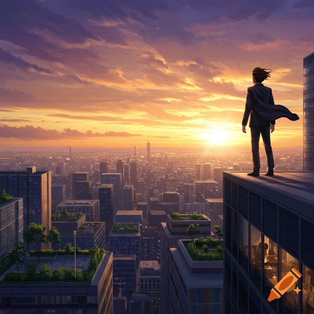 A person in a suit stands on a skyscraper rooftop, gazing at a vast city skyline under a dramatic sunset. Digital art.