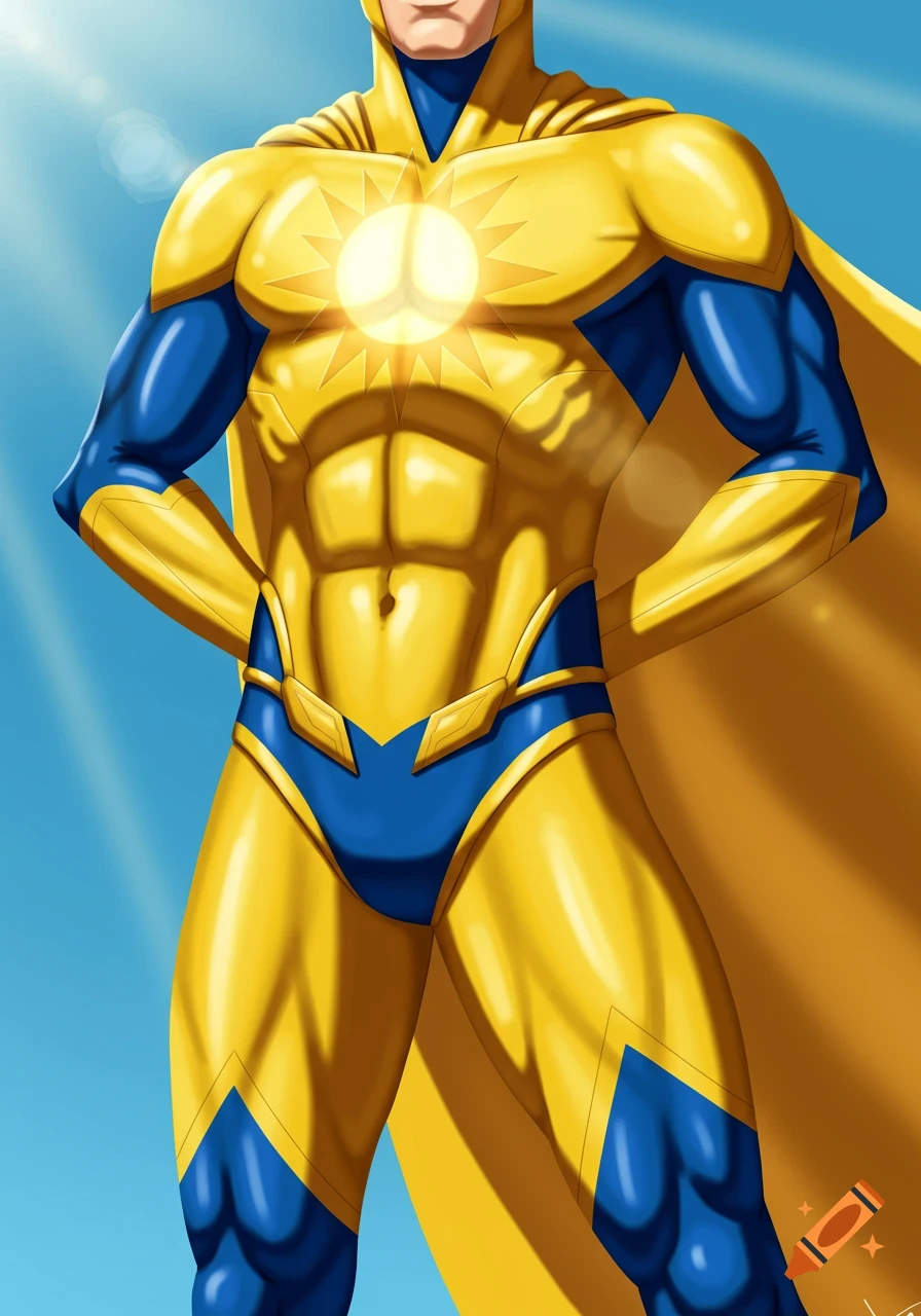 Muscular male superhero in a shining gold and blue suit with a sun emblem on his chest, against a bright blue sky.