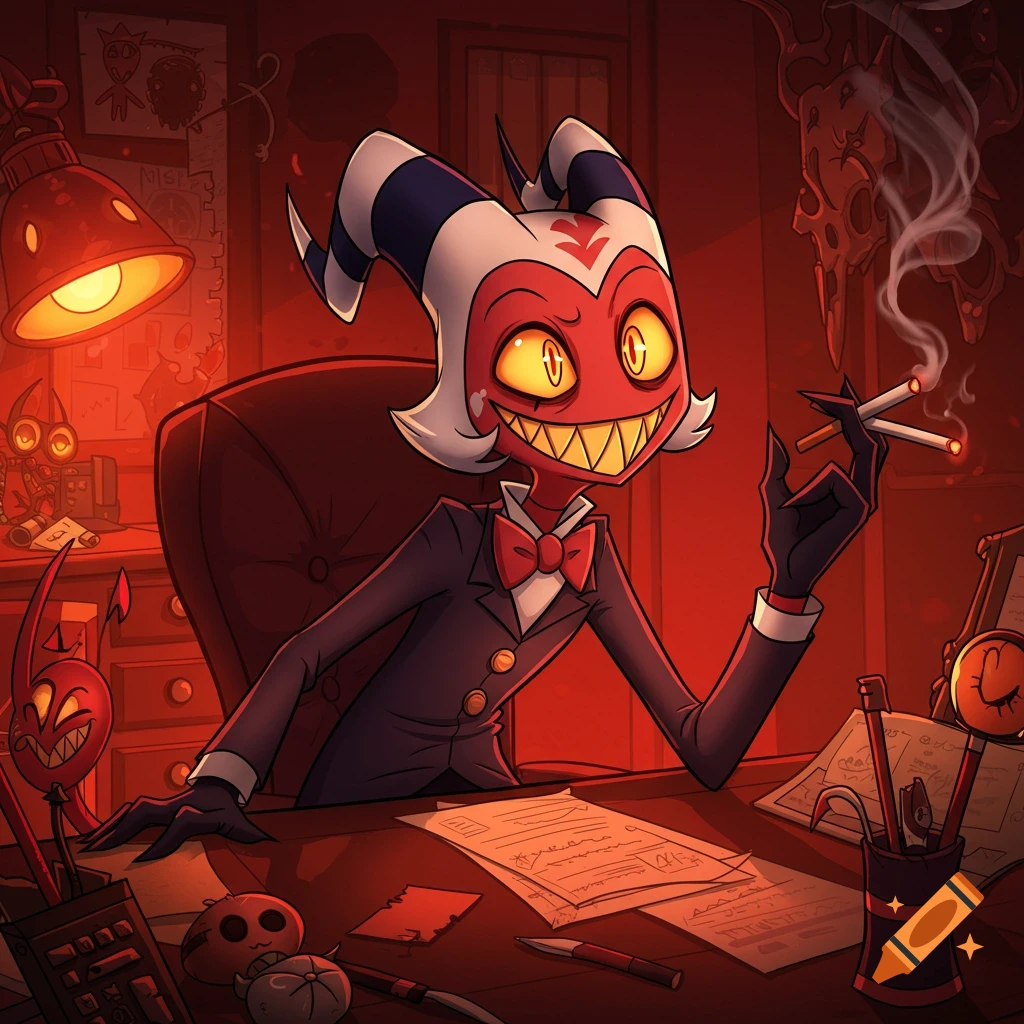 A red demon-like character with white hair and striped horns, wearing a suit and bow tie, sits at a desk holding two cigarettes in a red-lit office.
