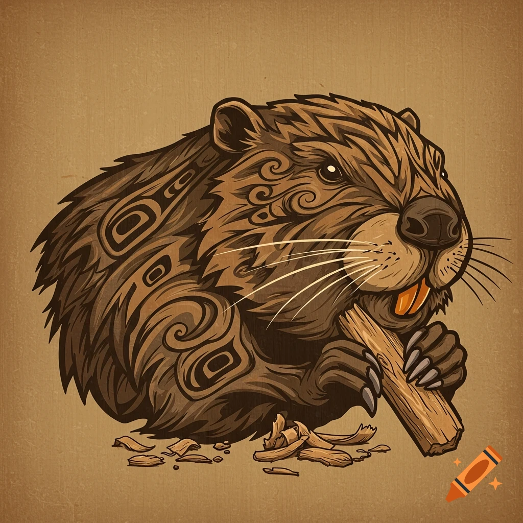 A brown tribal art illustration of a beaver chewing on a piece of wood, with wood shavings at its feet.
