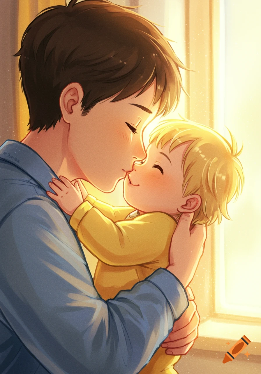 Warm children's book illustration of a parent gently kissing a smiling baby in soft golden light.