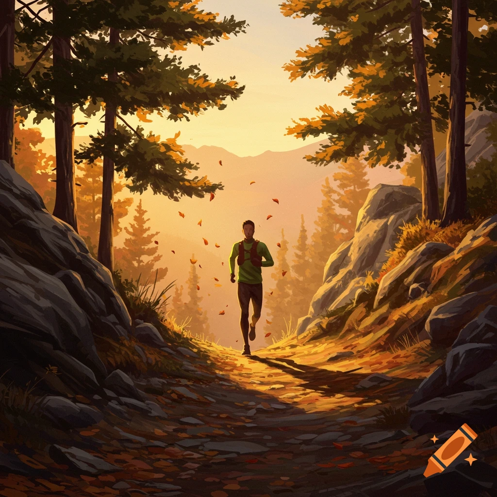 A stylized illustration of a person trail running through an autumnal forest at sunset, with falling leaves.