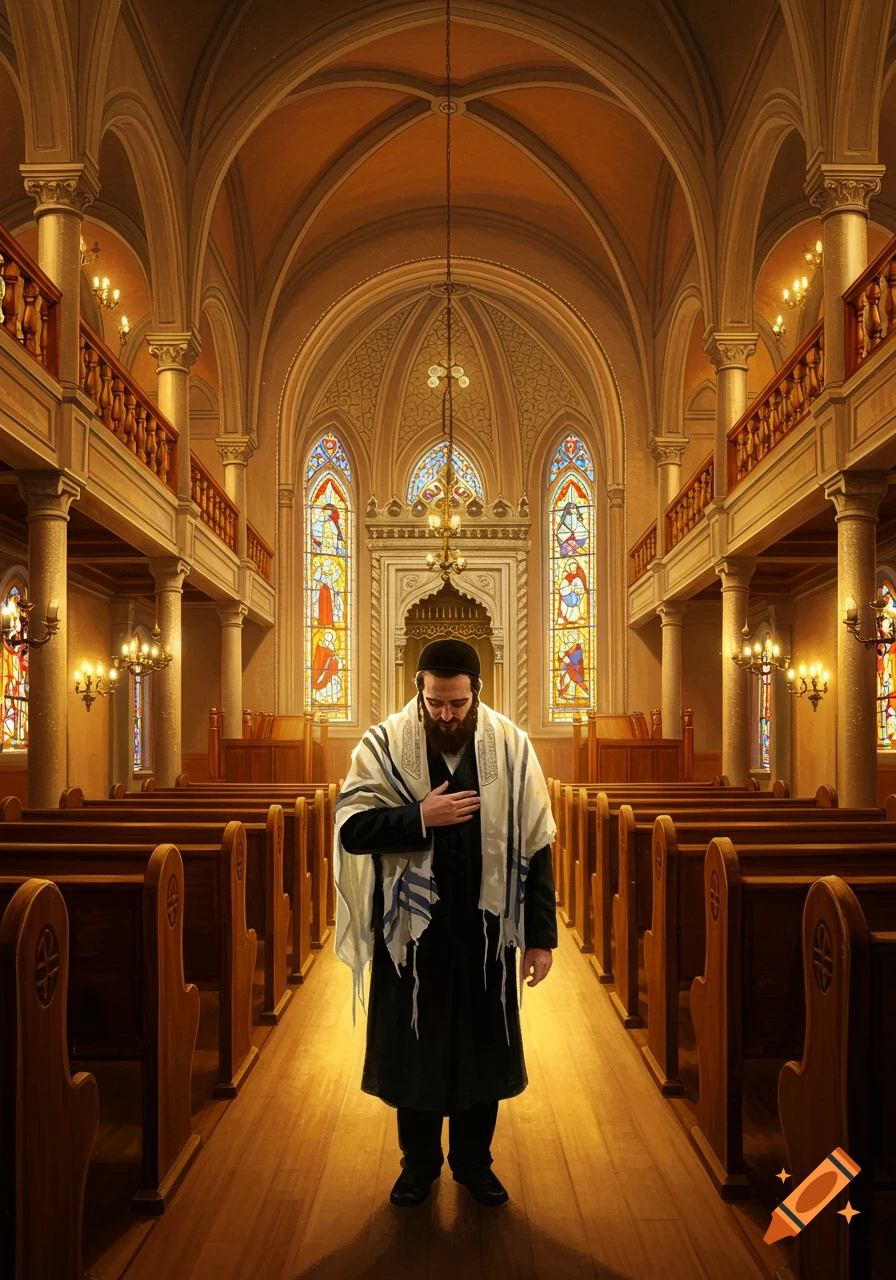A religious Jewish man with a tallit stands with hand on chest inside a grand synagogue with stained glass windows.