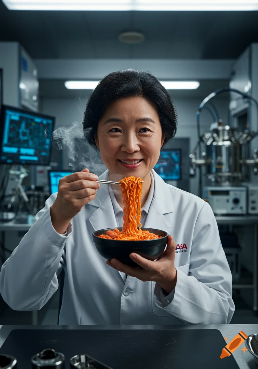 Smiling Asian woman scientist in lab coat eating ramen with chopsticks in a high-tech lab.