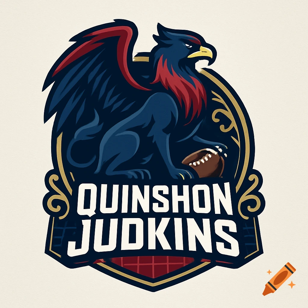A fantasy football logo featuring a dark blue griffin with red accents holding a football, above the text 'QUINSHON JUDKINS'.