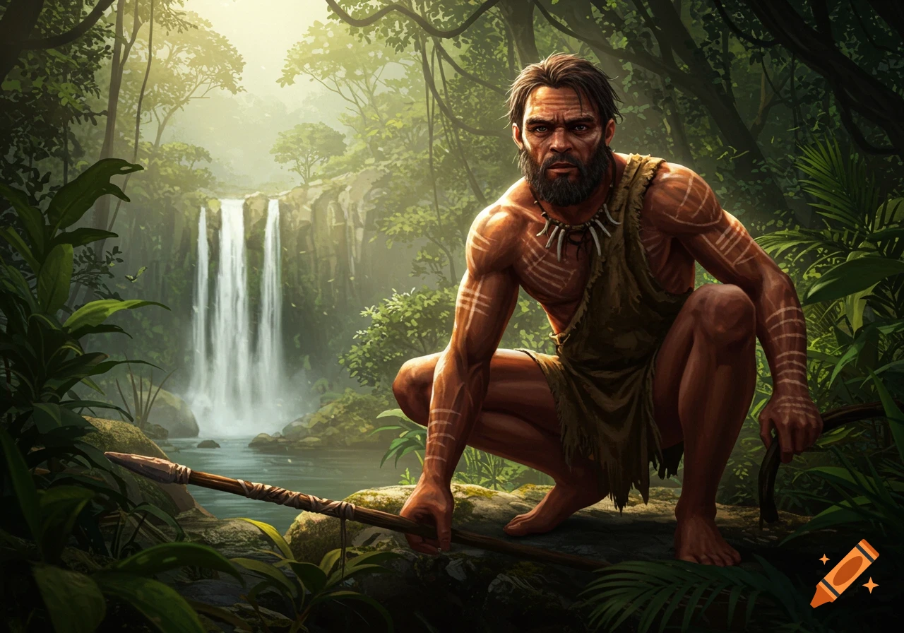 A primitive man with body paint crouches with a spear in a lush jungle with a large waterfall, digital art.