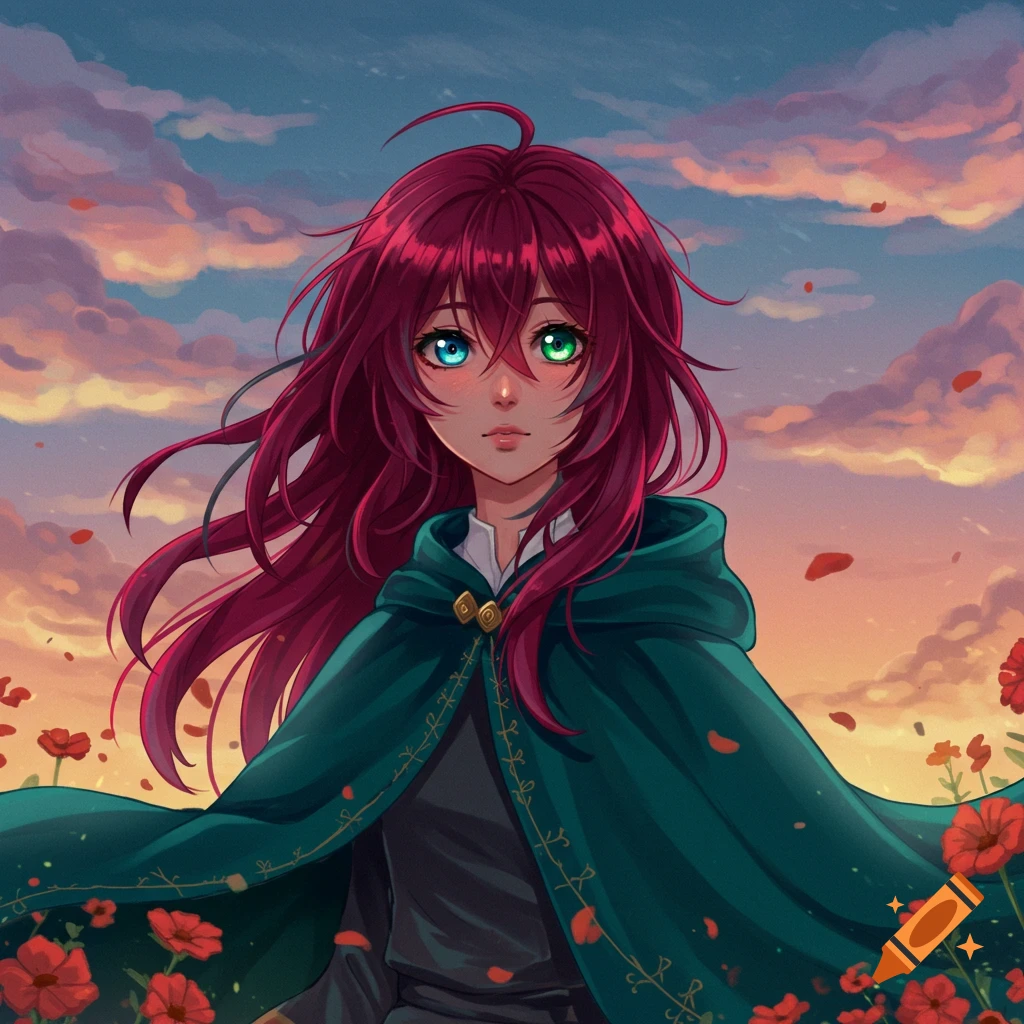 Anime drawing of a young person with long red hair and heterochromia, wearing a dark turquoise cloak amidst red flowers at sunset.