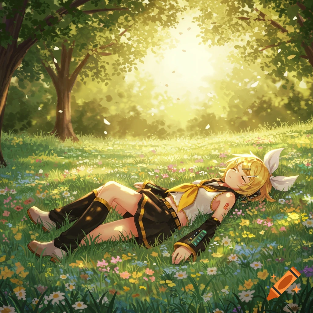 Anime character Kagamine Rin lies in a sunny, flower-filled meadow with trees in the background, appearing to be asleep or fainted.