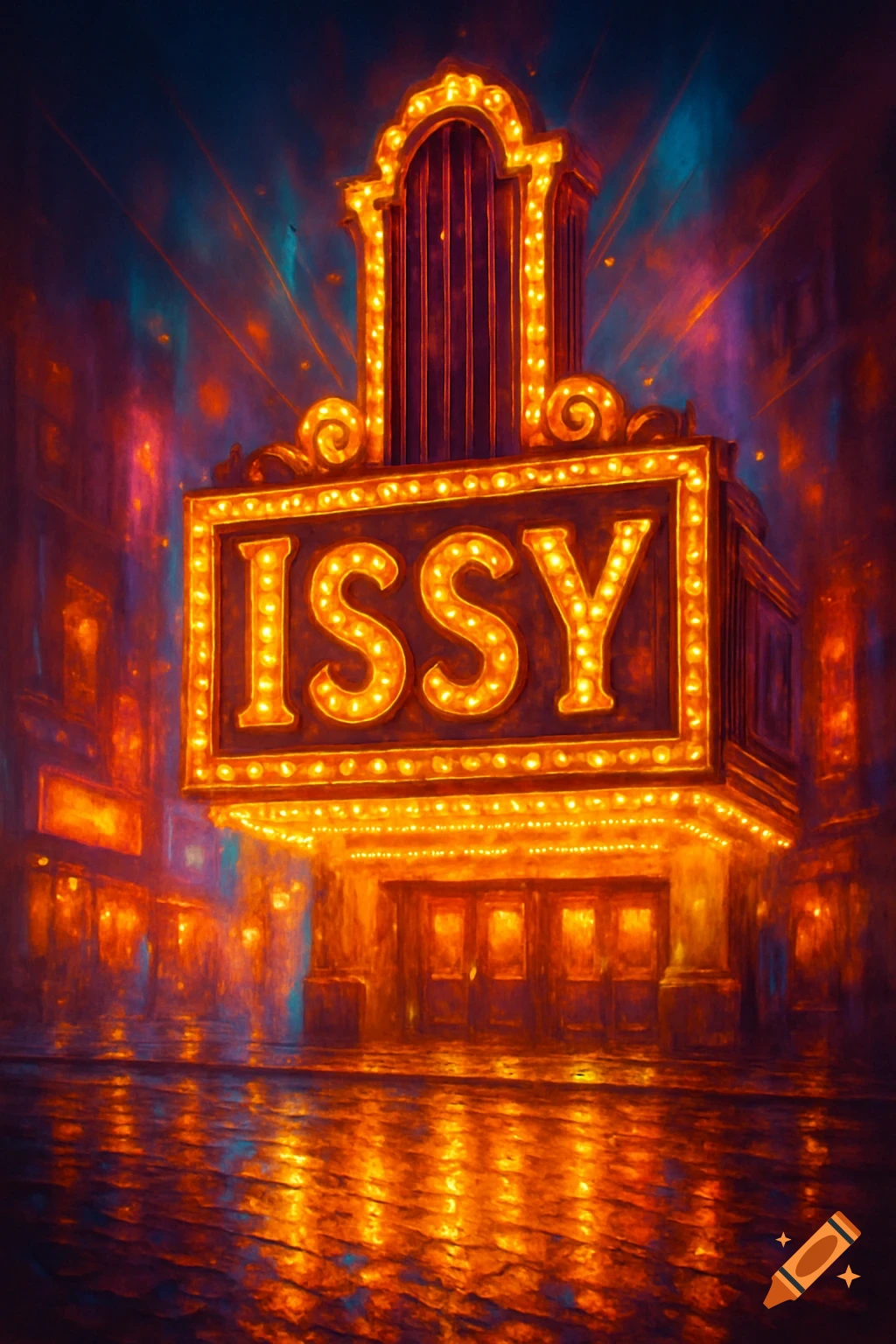 A vibrant, painterly image of a brightly lit theater marquee displaying 'ISSY' over a wet city street at night.