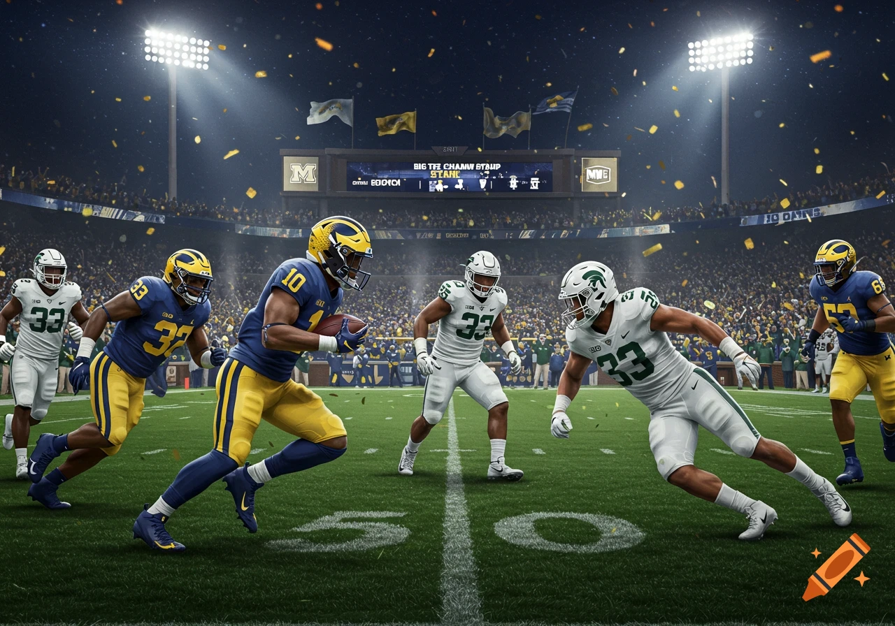 American football players in blue/gold and white/green uniforms clash on a field in a packed stadium with confetti falling at night.