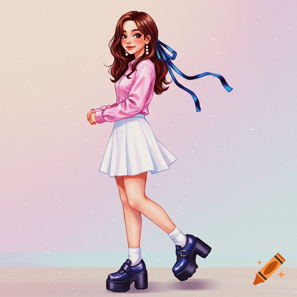 Anime-style illustration of a girl with long brown hair, pink blouse, white skirt, blue platform shoes, and a blue ribbon.
