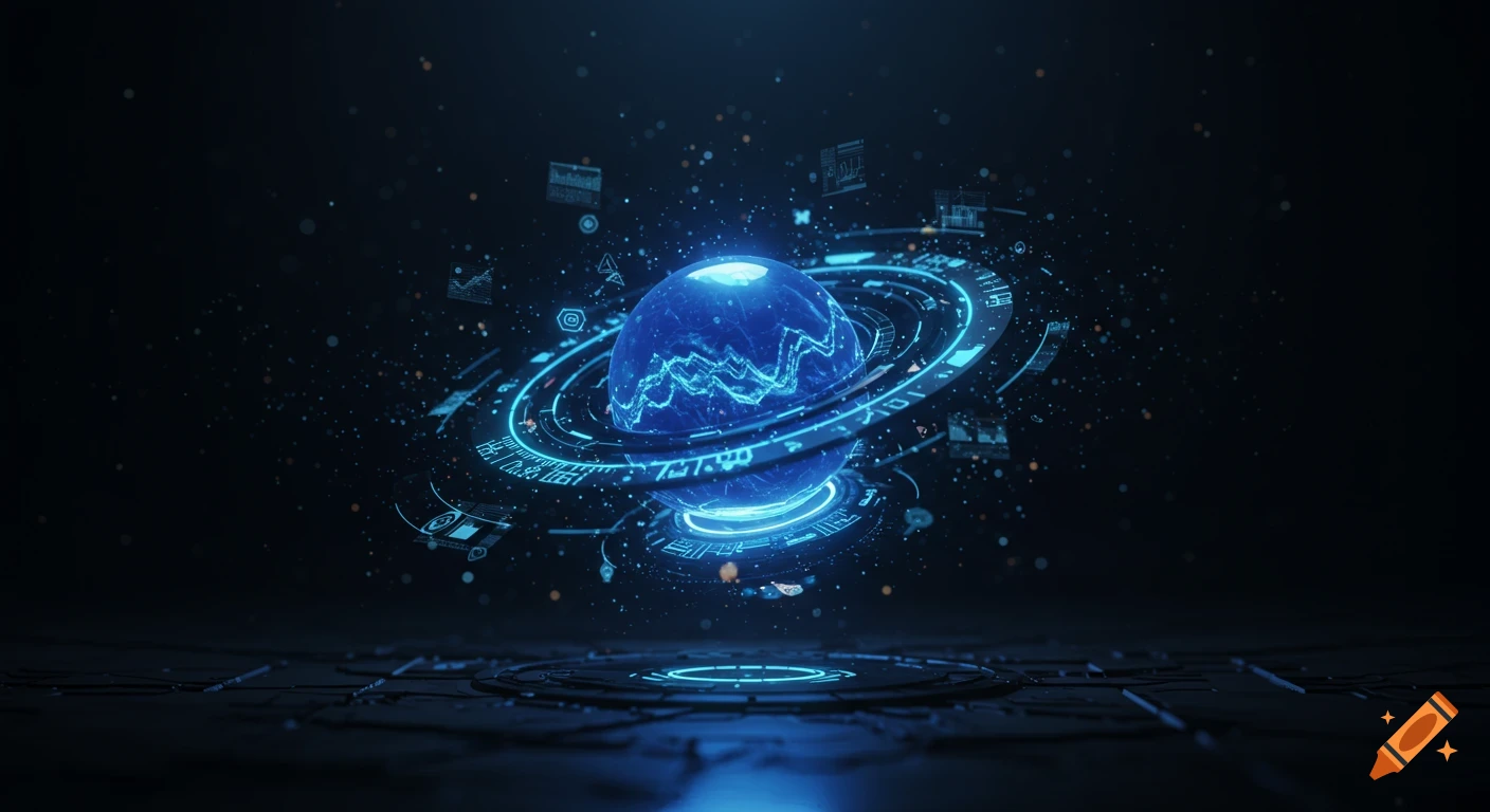 A glowing blue futuristic AI core with data rings and holographic symbols floats in a dark, high-tech environment.