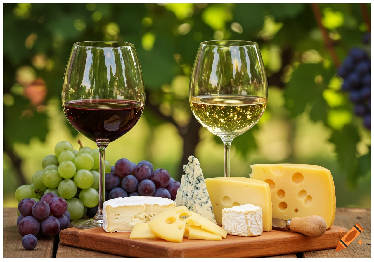 Photorealistic image of red and white wine glasses, green and red grapes, and a variety of cheeses on a wooden board, outdoors with a blurry vineyard background.