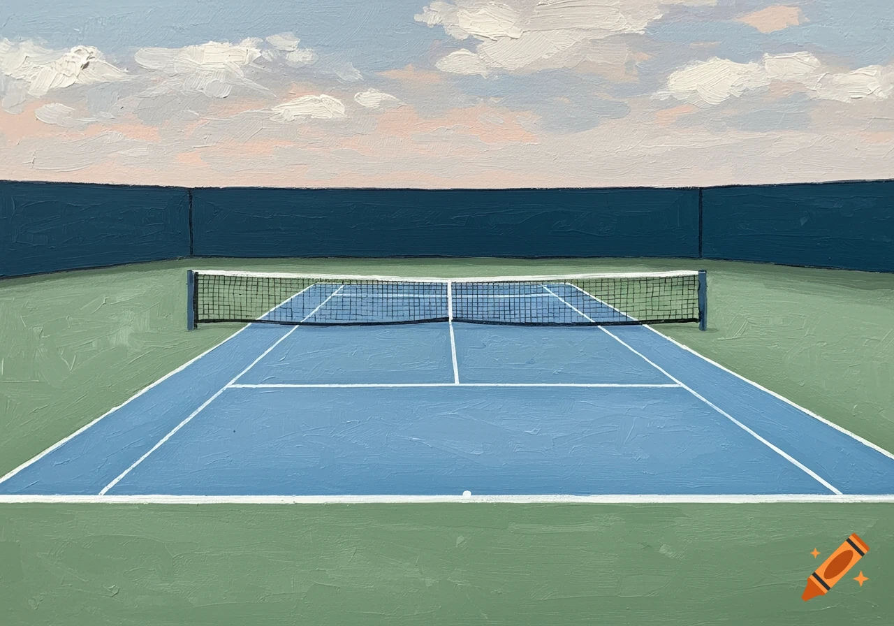 An oil painting of a minimalist blue tennis court with a net, green court perimeter, and a dark fence under a light cloudy sky.