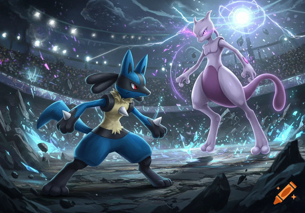 Lucario and Mewtwo face off in a dynamic fantasy battle inside a stadium with shattered ground and energy effects.
