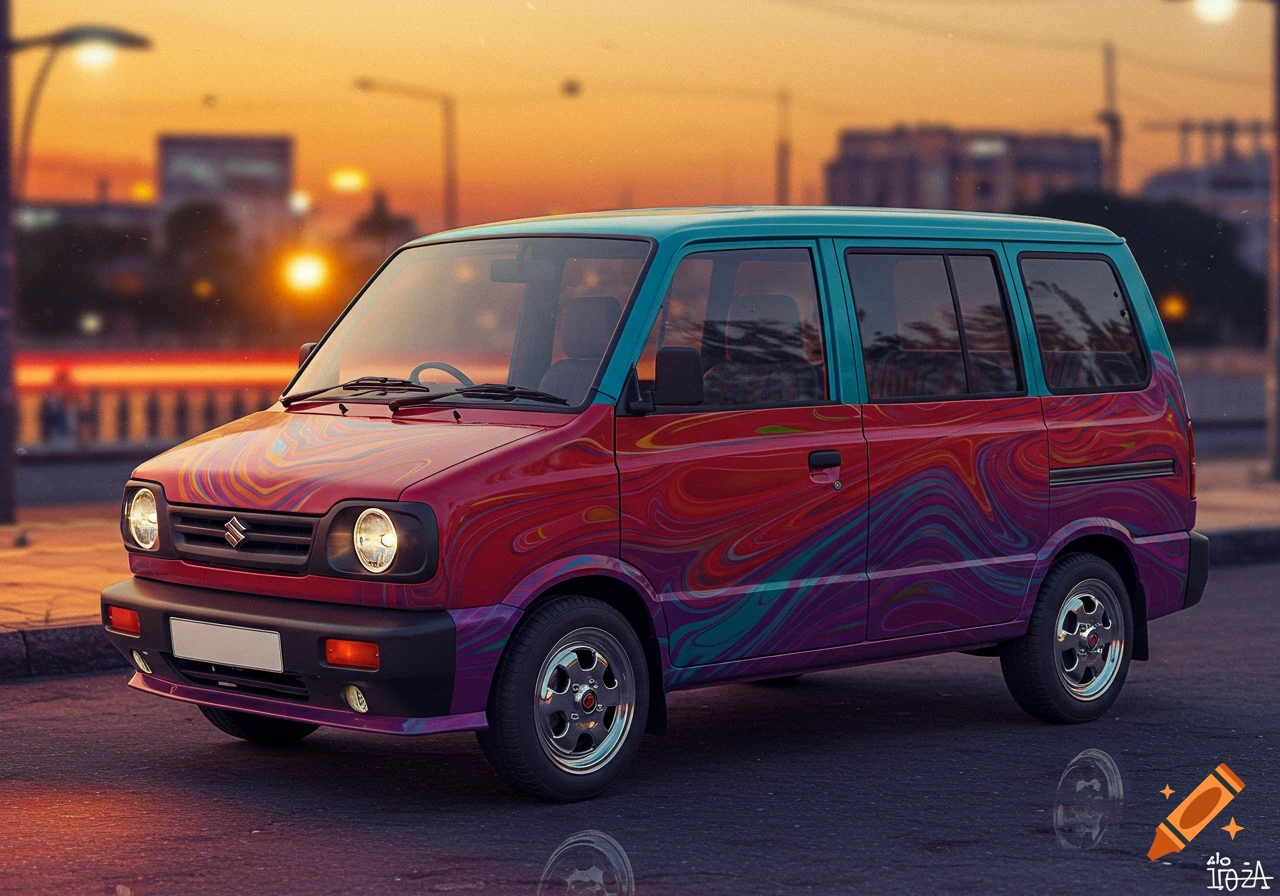 Photorealistic image of a red and teal Maruti Omni van with swirling psychedelic patterns, parked on an urban street at sunset.