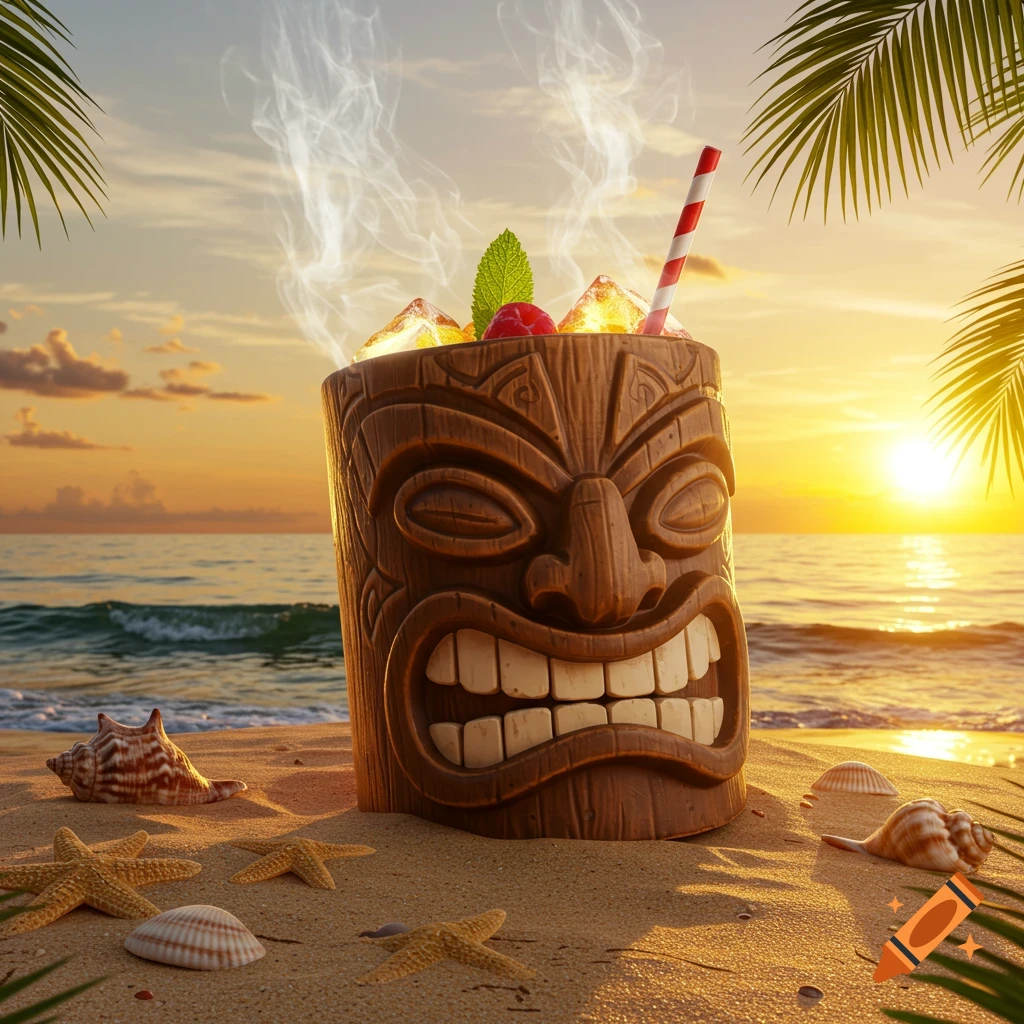Photorealistic image of a steaming tiki head cocktail on a sandy beach at sunset, surrounded by shells and starfish.